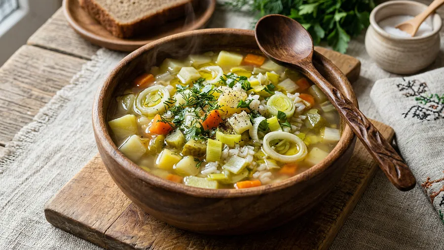 Рассольник постный с луком пореем